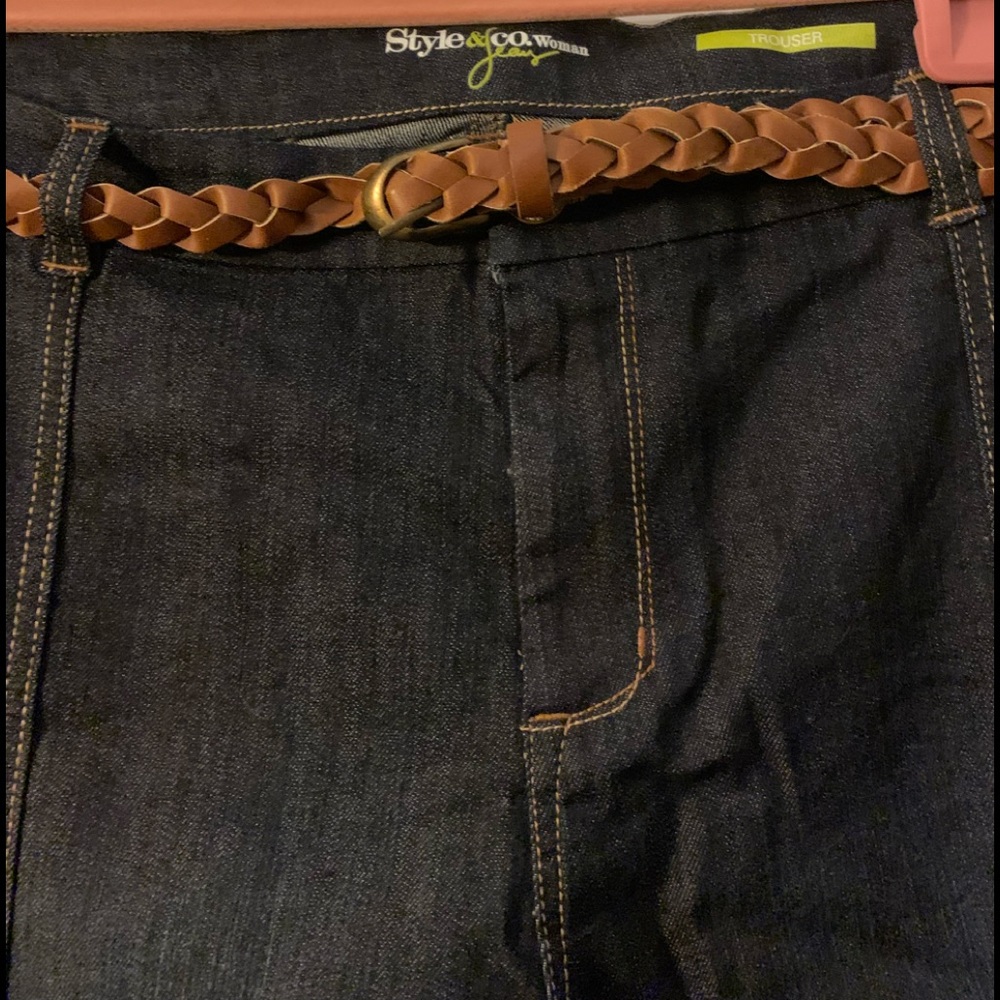 Wide leg denim trousers.